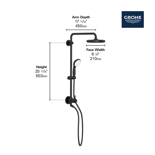 Grohe Retro-Fit 1.75 GPM Shower System with Single Function Rain Shower Head, Slide Bar, Multi Function Hand Shower, and 17-3/4" Swivel Shower Arm  26123GN1 