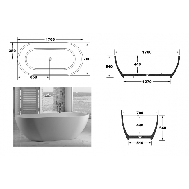 67" x 27.6" Solid Surface Freestanding Soaking Bathtub