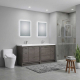 84-inch modern free-standing double bathroom vanity in grey with two sinks and a rectangular mirror