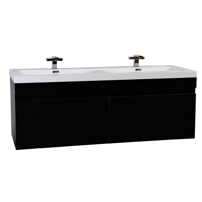 57" Modern Double Sink Vanity Set with Wavy Sinks Black TNA1440BK